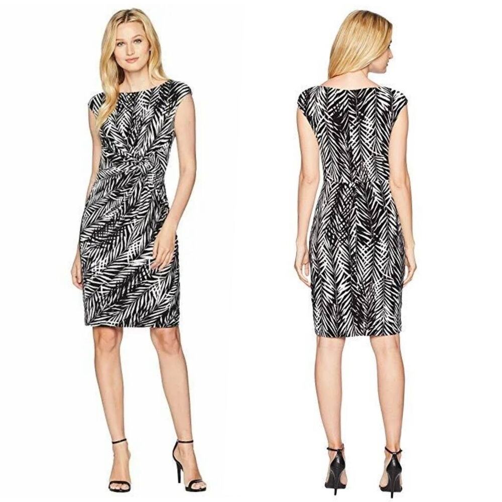 Ralph Lauren Joss Abstract Leaf Print Black White Midi Stretch Dress Size 6